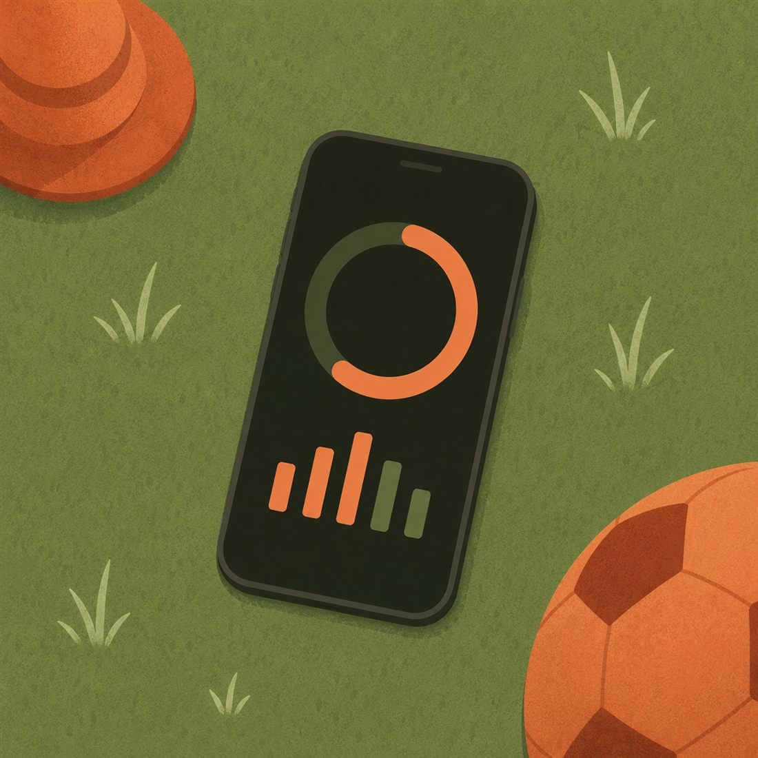 A phone lying on the grass beside a football, running a training session